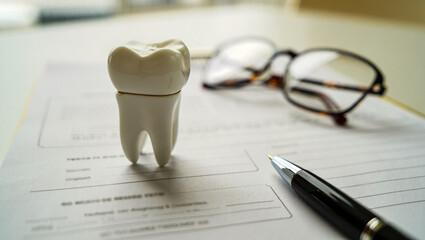 Dental health concept with tooth model, pen, and glasses on patient form for healthcare and insurance