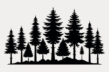 Obraz premium Realistic Pine Tree Silhouettes – Flat Black Forest Vector Trees on White Background
