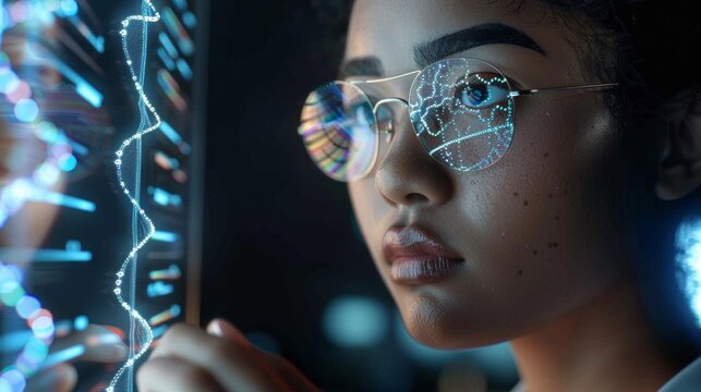 Young scientist examining digital DNA strand, wearing glasses reflecting data analysis in research laboratory.