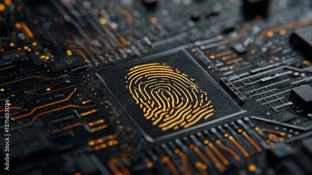 Poster fingerprint scanning on circuit board. secure system concept with a fingerprint. cyber security tech