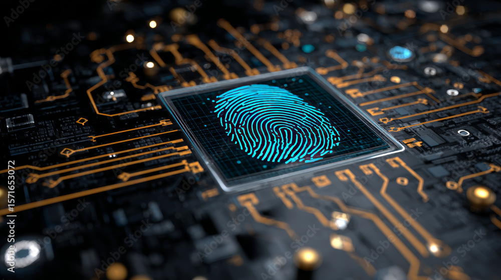 Poster fingerprint scanning on circuit board. secure system concept with a fingerprint. cyber security tech