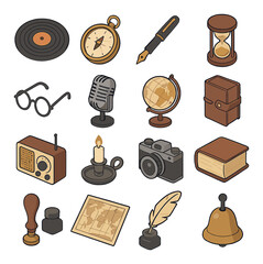 Vintage icon set. retro objects flat design: record, compass, pen, camera, globe vector icons.