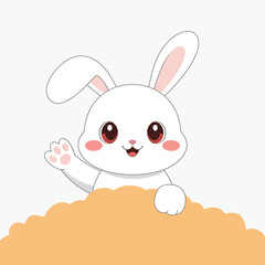 Obraz premium Cute white cartoon rabbit waving hello from behind an orange cloud shape