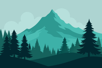 Fototapeta premium Black Pine Tree Silhouette with Mountain and Fog – Forest Landscape with Clouds and Sky