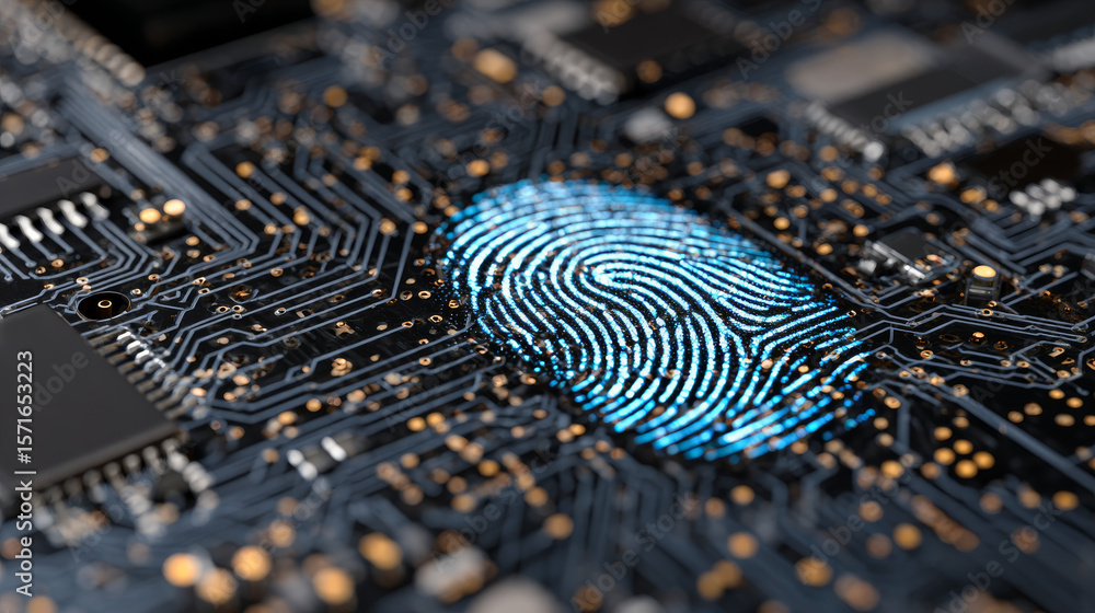 Poster fingerprint scanning on circuit board. secure system concept with a fingerprint. cyber security tech
