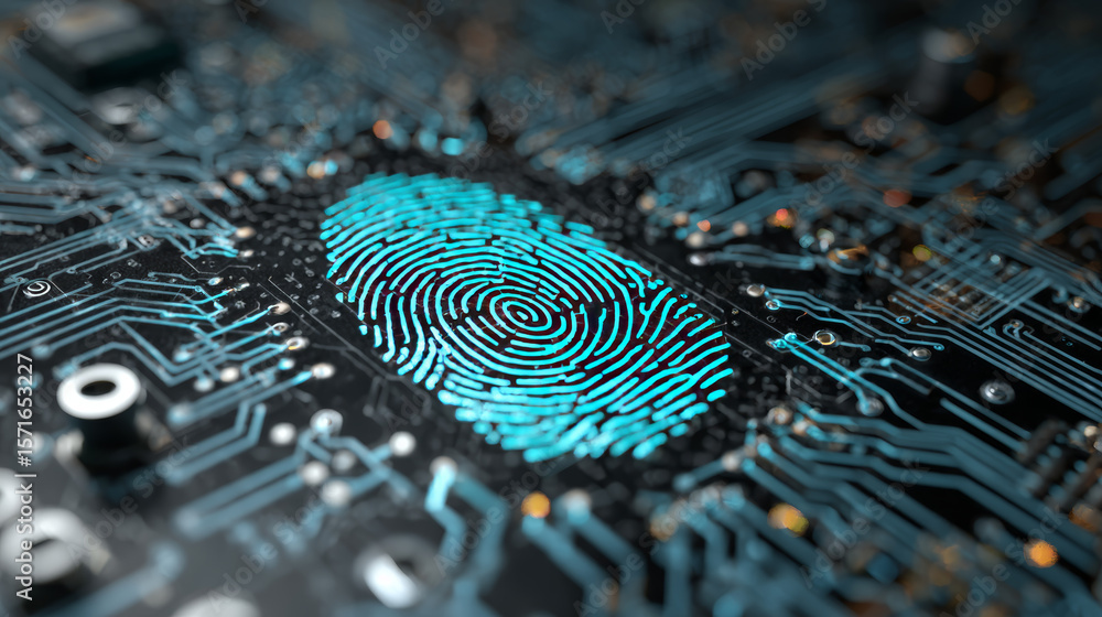 Poster fingerprint scanning on circuit board. secure system concept with a fingerprint. cyber security tech