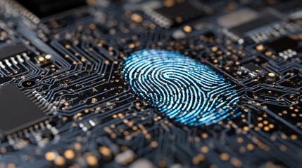 Fingerprint scanning on circuit board. secure system concept with a fingerprint. Cyber security technology concept abstract background futuristic Hi-tech style. Vector and Illustration. 