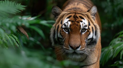 Fototapeta premium Majestic tiger walking through a dense jungle, powerful and wild. Wildlife photography, natural habitat. Dynamic.