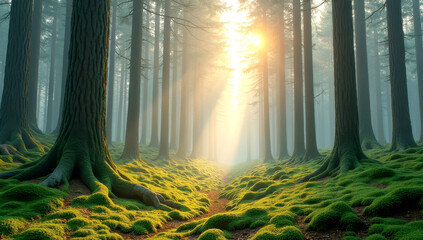 Majestic, towering evergreen forest at dawn, with soft, golden light filtering through the dense canopy. The air is misty, and the ground is covered in a carpet of vibrant green moss