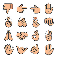 Hand gesture set. modern hand gesture flat icons. thumbs, handshake, peace, prayer vector icons.