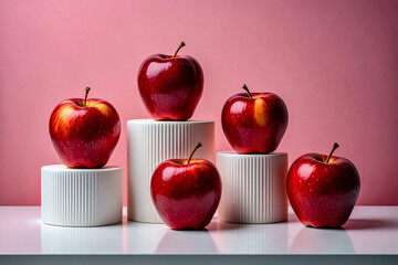 Red apples still life photography for healthy eating and fruit diet concepts with pink background
