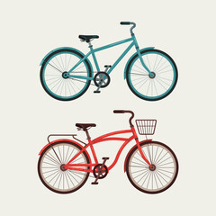 Two retro style bicycles one teal and one red with baskets