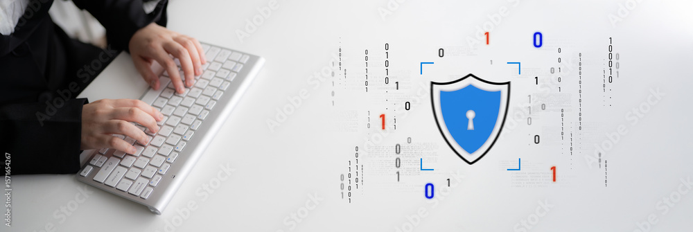 Poster cyber security protects against breaches, hacks, and network attacks using strong infrastructure and