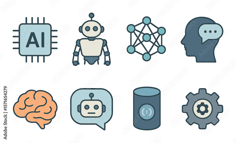Poster ai icon set. machine learning and neural network flat icons: chip, robot, brain, gear vector icons