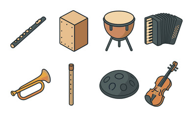 Musical instrument set. simple compose flat flute, cajon, drum, accordion, vector icons