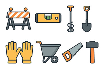 Modern construction tool set. simple shovel, saw, gloves, hammer, wheelbarrow vector icons.