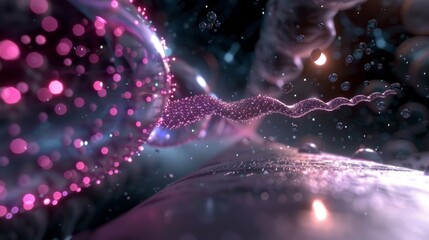 Abstract DNA strand flowing in cosmic space, highlighted by vibrant pink and purple hues.