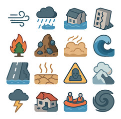 Naklejka premium Weather disaster icon set. simple storm, flood, earthquake, wildfire, hurricane vector icons.