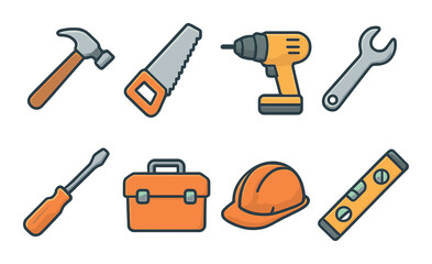 Modern construction tools set. simple icons: hammer, saw, drill, wrench, helmet vector icons.