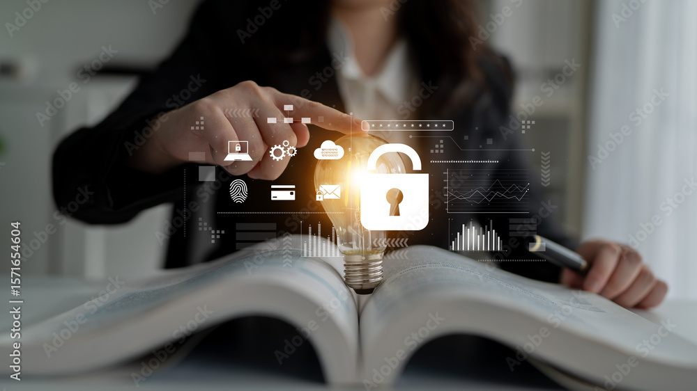 Poster digital cyber security lock system highlighting data security encryption, cyber password protection,