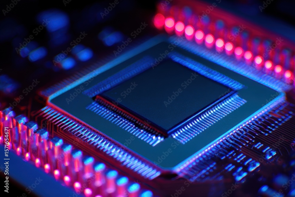 Poster close-up view of a circuit board highlighting a processor surrounded by vibrant led lighting in a da