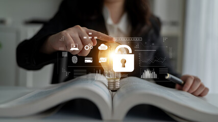 Digital cyber security lock system highlighting data security encryption, cyber password...
