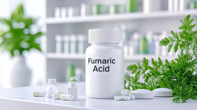A white container labeled 'Fumaric Acid' surrounded by capsules and greenery, highlighting a clean, modern pharmaceutical setting.