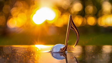 Golden music note in water with sunset background musical harmony and artistic composition concept 100