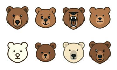 Bear icon set. animal heads silhouette collection. grizzly, polar, panda, cartoon vector icons.