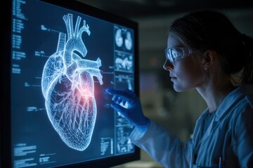 Medical expert examines holographic display of a heart during a clinical session in a modern laboratory setting, utilizing advanced technology and digital visualization tools
