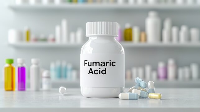 A white bottle labeled 'Fumaric Acid' with colorful capsules scattered around, set against a blurred pharmacy background.