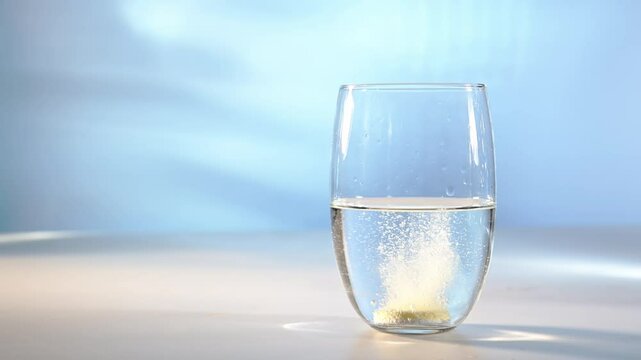 Vitamin and mineral effervescent tablet dissolving in glass of water over blue background. Vitamin isotonic water. Fizzing Vitamin c tablet dissolving in glass of water.