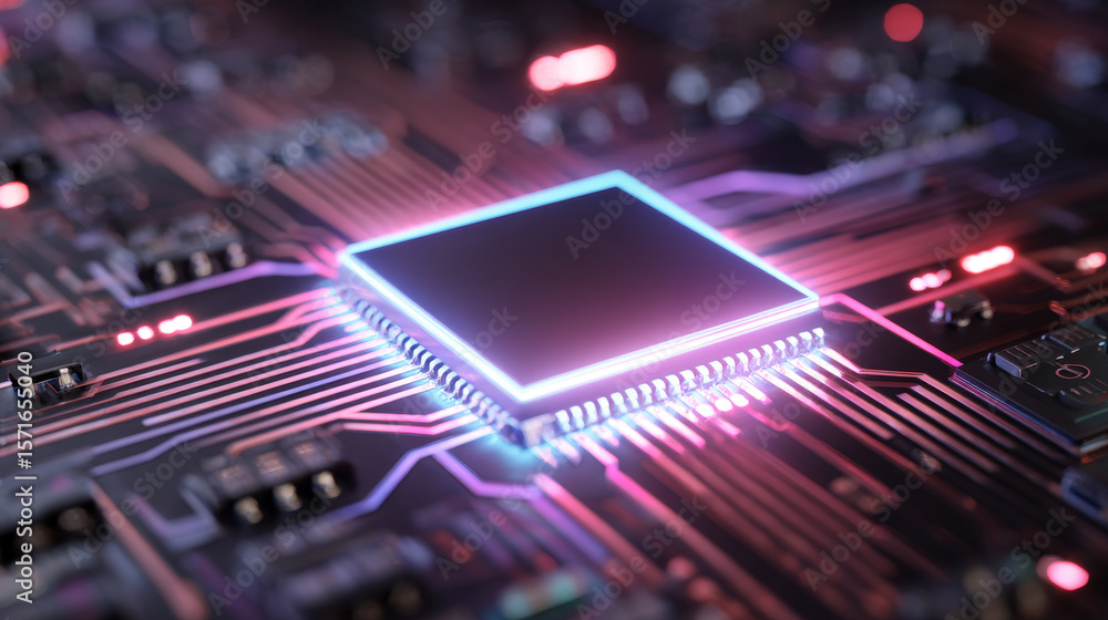 Poster futuristic circuit board technology background with brightly glowing ai chip in the center. cpu proc