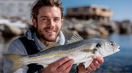 Smiling man holding fresh striped fish outdoors, coastal background, clear sky, casual clothing, joyful fishing experience
