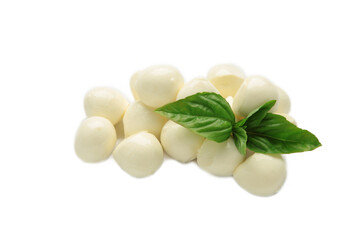 Mini mozzarella with green basil isolated on white background.