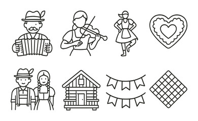 Oktoberfest celebration set. festive simple icons. beer, pretzel, lederhosen, accordion vector icons.