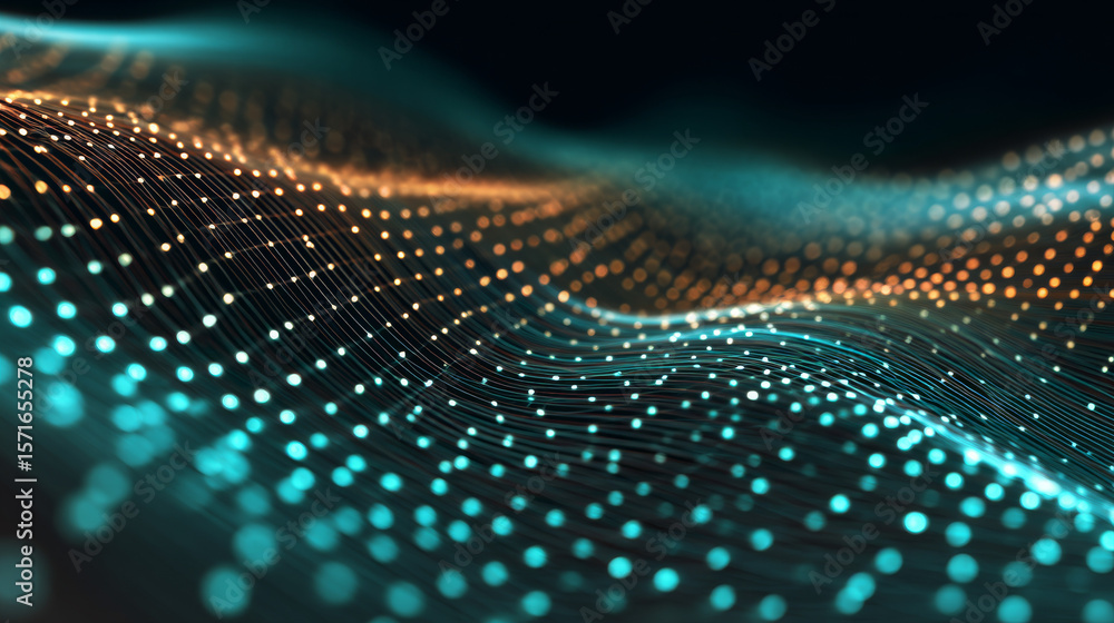 Poster vector illustration of futuristic digital technology background with glowing dots floating on digita