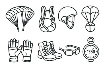 Paragliding gear set. flight equipment linear icons. parachute, helmet, boots, timer vector icons.