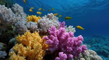 Close-up of colorful coral reef teeming with diverse marine life in tropical sea