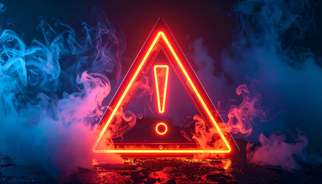 Flashing triangular warning sign with neon glow. Danger, critical attention or error.
