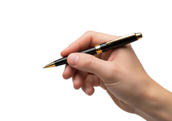 Hand holding a black and gold luxury pen to write or sign a document. Isolated on transparent background, png