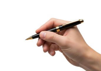 Hand holding a black and gold luxury pen to write or sign a document. Isolated on transparent background, png