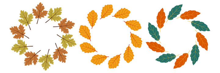Circular arrangements of autumn leaves display vibrant colors of fall in a creative and artistic design