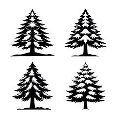 Obraz premium Collection of four distinctive black pine tree silhouettes with snow accents on white background