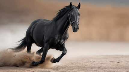 Obraz premium Galloping horse black coat desert sand power speed animal dynamic dust outdoor energy freedom majestic