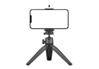 Smartphone on a mini tripod holder for vlogging or video recording. Isolated on transparent background, png