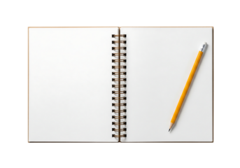 Blank open spiral notebook with a yellow pencil, top view flat lay. Isolated on transparent background, png