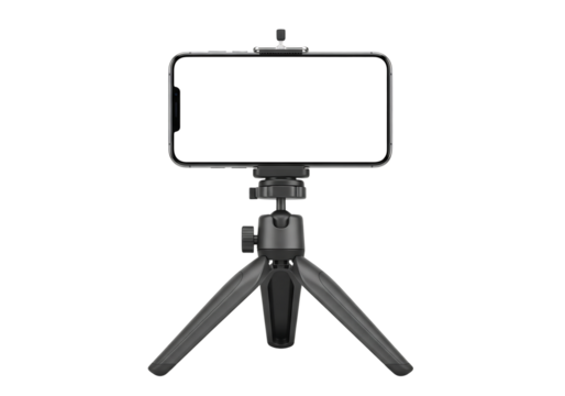 Smartphone on a mini tripod holder for vlogging or video recording. Isolated on transparent background, png
