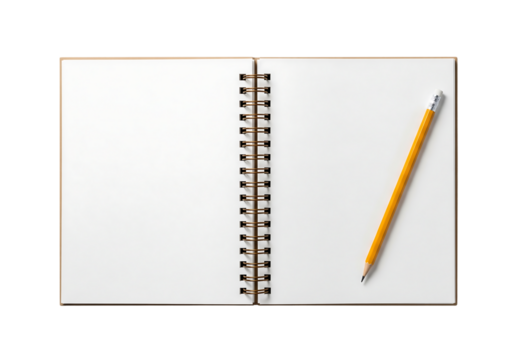 Blank open spiral notebook with a yellow pencil, top view flat lay. Isolated on transparent background, png