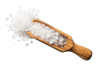 Plakat Coarse sea salt or Himalayan salt in a wooden scoop, top view. Isolated on transparent background, png